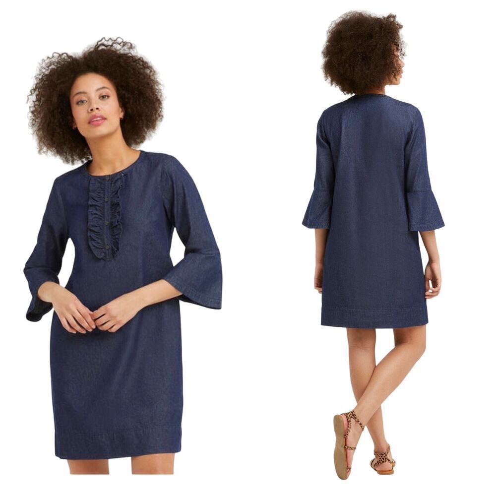 Draper James Dress Blue Chambray Ruffle Shift Mini Denim 3/4 Bell Sleeve 12
